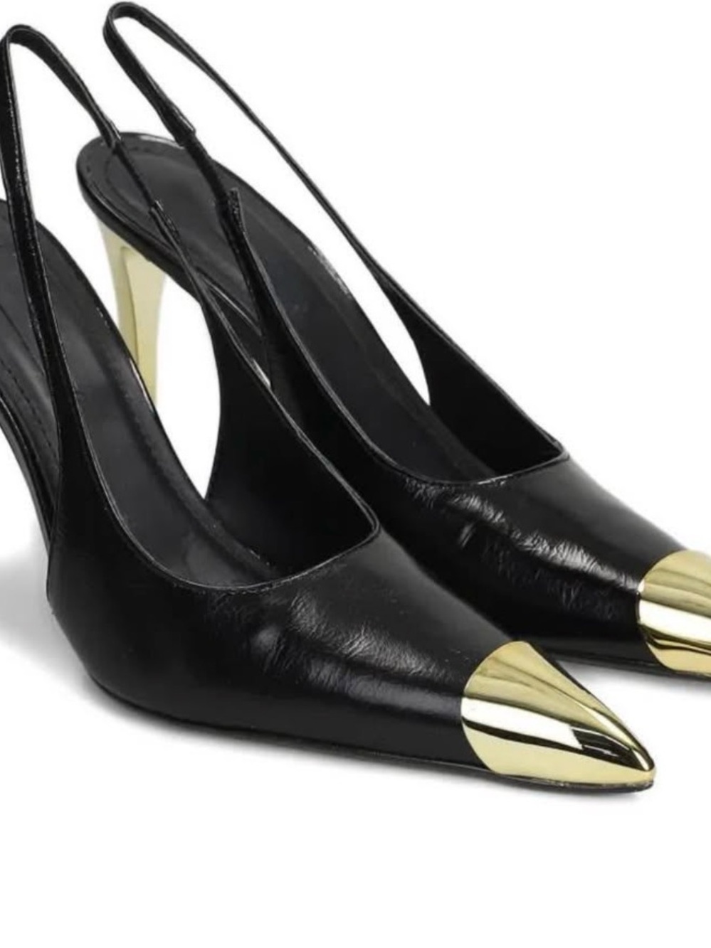 Black Leather Slingback Pumps with Gold Cap Toe